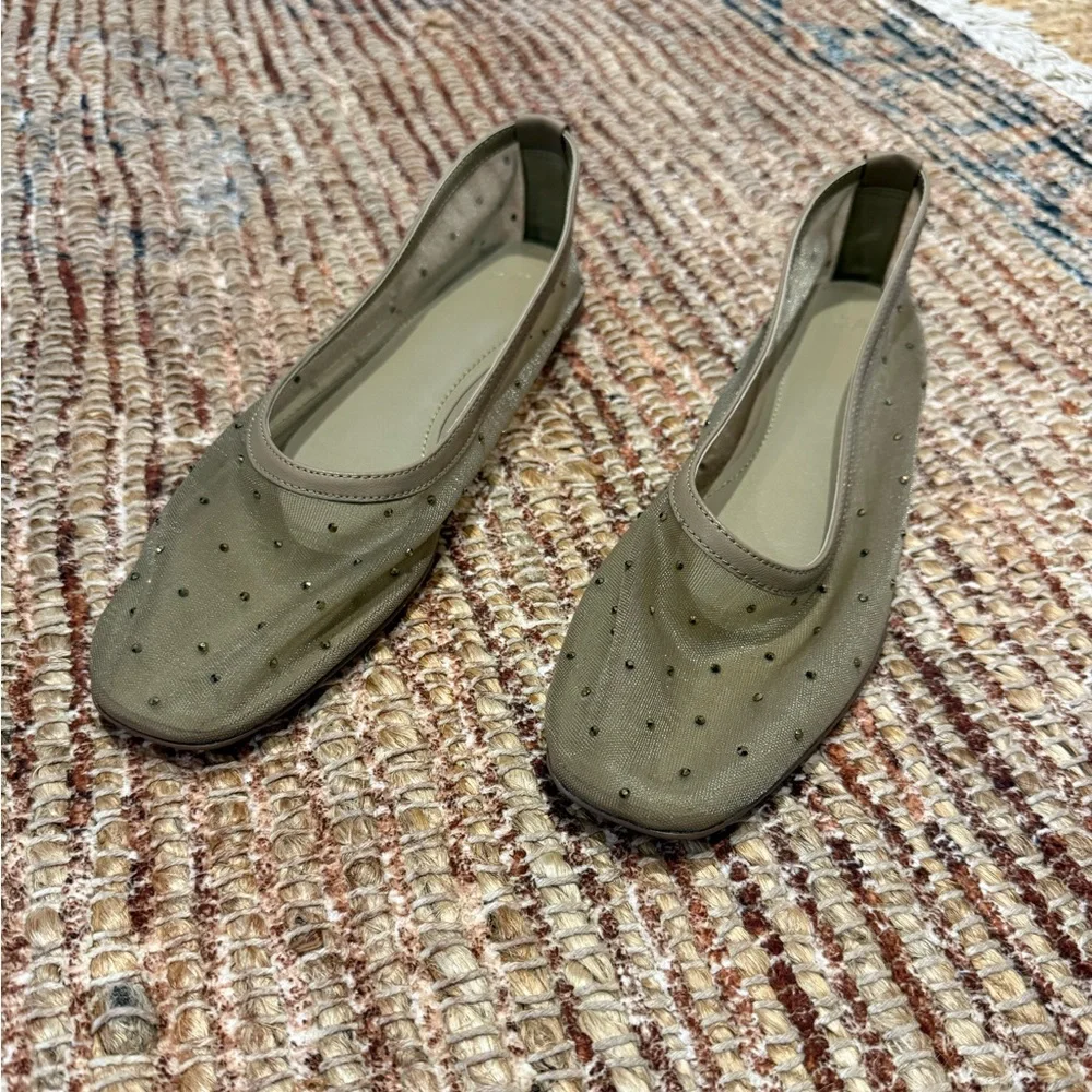 H&M Mesh Rhinestone Square-Toe Ballet Flats - Beige - Picture 3 of 5